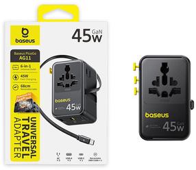 Adapteris Baseus PicoGo AG11, USB Type C/2 x USB Type A/2 x AC, melna krās., 45 W