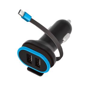 Auto telefona lādētājs Forever CC-02, USB Type-C/2 x USB, 20 cm, zila krās./melna krās.