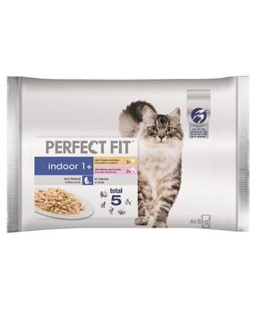 Šlapias kačių maistas Perfect Fit Indoor1+, vištiena/daržovės/lašiša, 0.085 kg x 4 vnt.