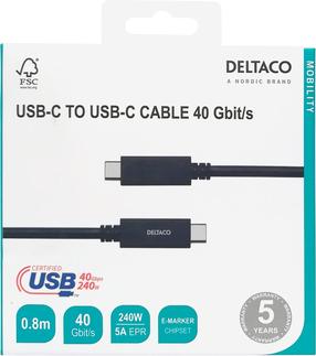 Kabelis Deltaco USBC-4008M, USB Type-C, 80 cm, melna krās., 240 W