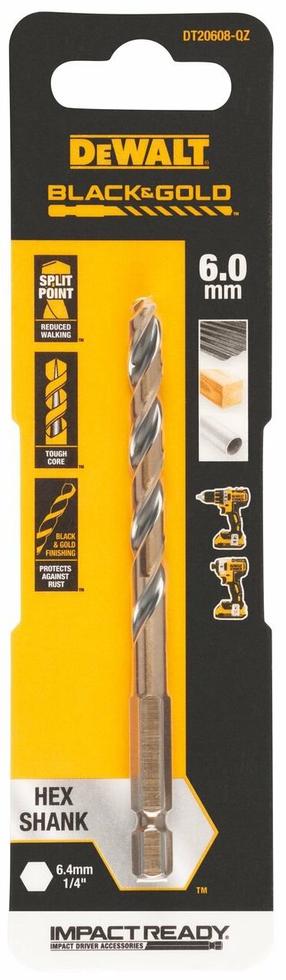 Сверло по металлу Dewalt, дерево/металл/cталь, hss, hex 1/4, 6 мм x 10.2 см