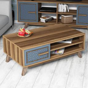 Kohvilaud Kalune Design Ayla, sinine v./pähklipuu v., 105 cm x 60 cm x 38.2 cm