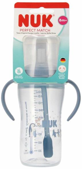 Bērnu pudele dzeršanai Nuk Perfect Match Penguin, 260 ml, 8 mēn., caurspīdīga krās./zila krās.