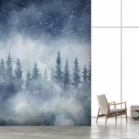 Fototapetas Artgeist Night landscape - landscape of a misty forest at night with a starry sky, 315 cm x 450 cm