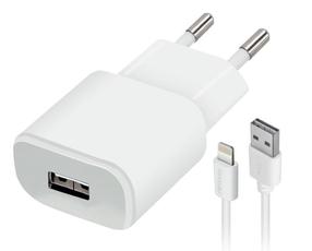 Зарядное устройство для телефона Forever USB 1A TC-01 + cable for iPhone, USB/AC/DC, белый цв.