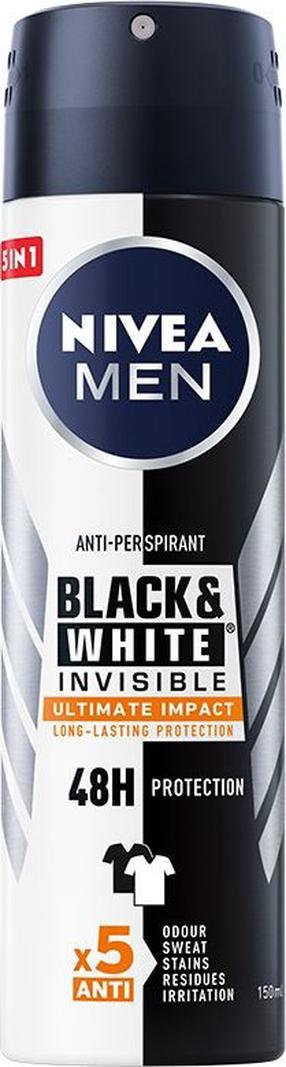 Vyriškas dezodorantas Nivea Black&White Invisible Ultimate Impact 5in1 spray, 150 ml