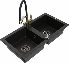 Кухонный умывальник с кухонным смесителем Mexen Mario Black+Black/Gold, смола/гранит, 82 см x 43 см x 16.1 см, black+black/gold цв.
