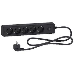 Pagarinātājs Schneider Electric, 3 x 1 mm², 1.5 m, IP20, 5 ligzdas, ar slēdzi, melna krās.