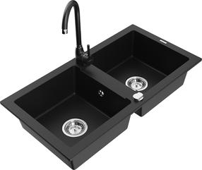 Кухонный умывальник с кухонным смесителем Mexen Mario Black, смола/гранит, 82 см x 43 см x 16.1 см, черный цв.