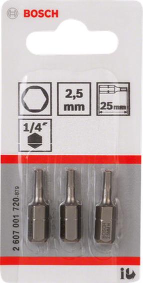 Skrūvgriežu uzgaļu komplekts Bosch, HEX2.5, 25 mm, 1/4", Ø2.5 mm