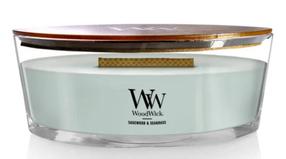 Svece, aromātiskā WoodWick Ellipse Sagewood & Seagrass, 60 - 100 h, 453.6 g, zaļa krās.