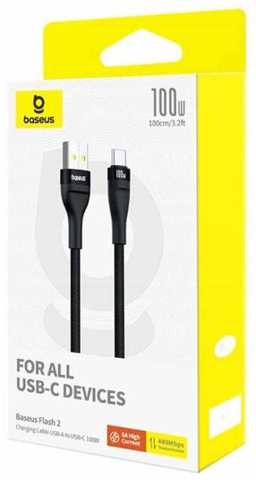 Juhe Baseus P10311804111-00, USB Type C/USB Type A, 100 cm, must v., 100 W