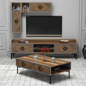 Svetainės baldų komplektas Kalune Design Samba, vidaus, mėlyna sp./riešuto sp.