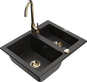 Virtuvinė plautuvė Mexen Carlos 6518581500-75+670200-50+66921-50, granitas, 58 cm x 47 cm x 17.7 cm, metallic black/gold+gold sp.