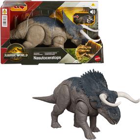 Rotaļlietu figūriņa Mattel Jurassic World Rebirth Wild Roar Nasutoceratops JGC81, 31 cm, pelēka krās.
