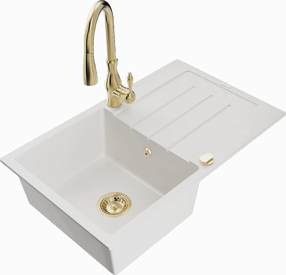 Plautuvė su virtuviniu maišytuvu Mexen Bruno White+Gold, granitas, 79 cm x 49 cm x 20 cm, aukso sp./balta sp.
