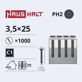 Sraigtas juostoje, įsukami į metalą Haushalt, 3.5 x 25 mm, 1000 vnt.