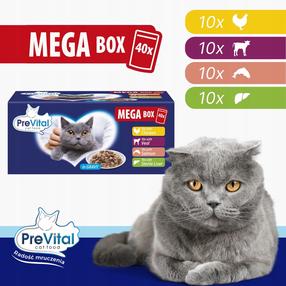 Šlapias kačių maistas PreVital In Gravy Mega Box, vištiena/veršiena/kepenėlės, 0.1 kg, 40 vnt.