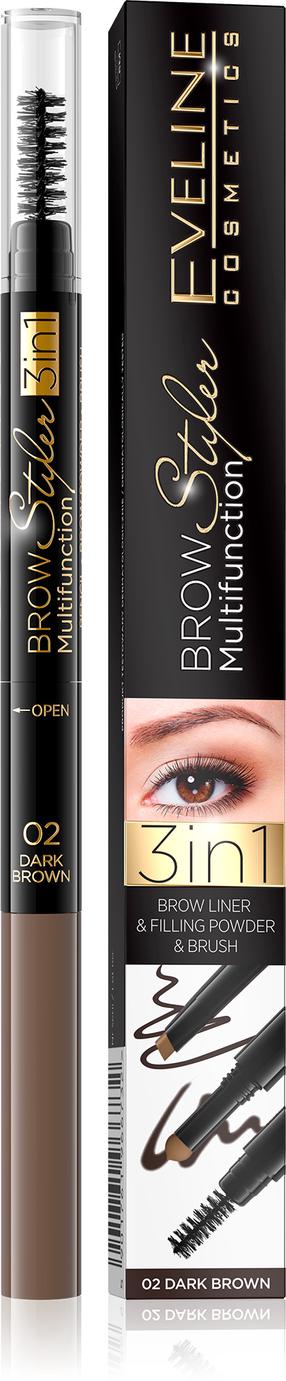 Antakių pieštukas Eveline Brow Multifunction Styler, tamsiai ruda sp. 02 dark brown