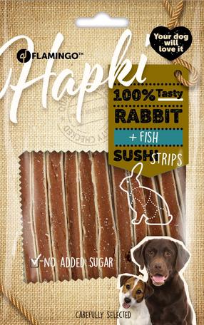 Skanėstas šunims Flamingo Hapki Sushi Strips, žuvis/triušiena, 0.085 kg