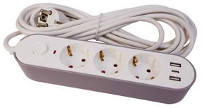 Pikendusjuhe Besk, 1.0 mm², 5 m, 3 pesa, 2USB, lülitiga, valge v.