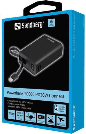 Nešiojamas įkroviklis (Power bank) Sandberg Powerbank 20000 PD20W Connect, 20000 mAh, juoda sp.