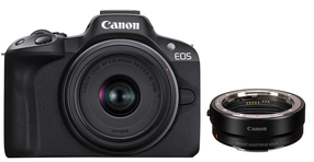 Sistēmas fotoaparāts Canon EOS R50 + RF-S 18-45mm f/4.5-6.3 IS STM + EF-EOS R Mount Adapter, melna krās.