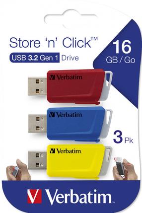 USB atmintinė Verbatim Store 'n' Click 3, mėlyna sp./raudona sp./geltona sp., 16 GB
