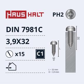 Isekeermestavad kruvid Haushalt DIN 7981C, 3.9 mm x 32 mm, 15 tk
