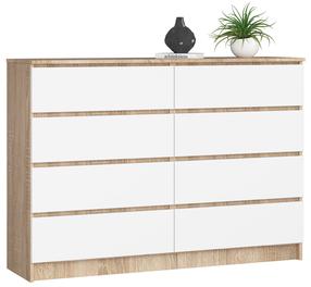 Komoda Akord K140 8SZ CLP, balta sp./sonoma ąžuolo sp., 99 cm x 138 cm x 40 cm