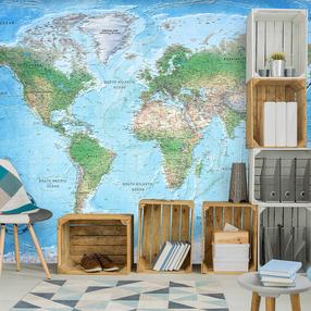 Fototapeet Artgeist Traditional World Map - Continents With Inscriptions In English And Compass, 280 cm x 400 cm
