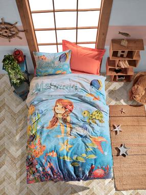Vaikiškas patalynės užvalkalų komplektas Mijolnir Mermaid 129CTN2566, mėlyna sp./oranžinė sp./įvairių spalvų, 160 x 220 cm