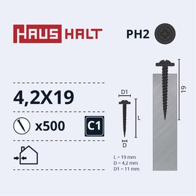 Саморез Haushalt DIN 14566, 4.2 мм x 19 мм, 500 шт.
