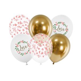 Balonu komplekti apaļš PartyDeco Love, zelta krās./balta krās./rozā krās., 6 gab.