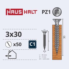 Puidukruvi, universaalsed Haushalt, 3 x 30 mm, valge v., 50 tk