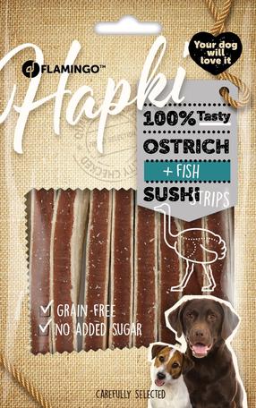 Skanėstas šunims Flamingo Hapki Sushi Strips, žuvis/strutiena, 0.085 kg