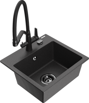 Virtuves izlietne ar virtuves maisītāju Mexen Milo Black granite+Black, granīts, 43 cm x 41 cm x 17.1 cm, black granite+black krās.