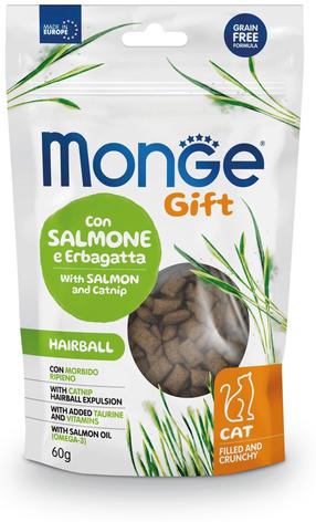 Skanėstas katėms Monge Gift Hairball, lašiša/katžolė, 0.06 kg