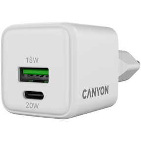 Telefona lādētājs Canyon CU20AC, USB Type C/USB Type A, balta krās., 20 W