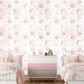 Fototapetas Artgeist Solid Pattern With Feathers - Hares In A Basket And In A Balloon For Children, 210 cm x 294 cm