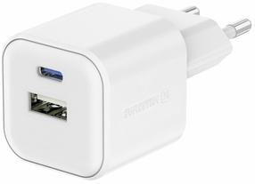 Ceļojumu lādētājs Swissten Travel, USB Type C/USB Type A, 3.6 cm, balta krās., 35 W