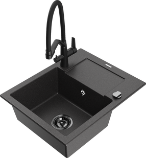 Plautuvė su virtuviniu maišytuvu Mexen Enzo Black granite+Black, granitas, 57 cm x 46 cm x 17.4 cm, black granite+black sp.