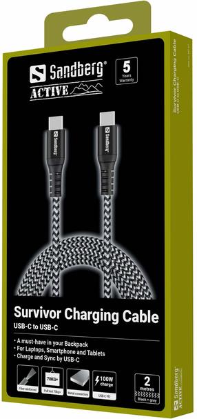 Laidas Sandberg 441-67, 2 x USB Type-C, 200 cm, balta sp./juoda sp., 100 W