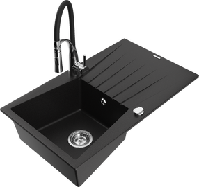 Кухонный умывальник с кухонным смесителем Mexen Cesar Black+Black/Chrome, гранит, 77 см x 47 см x 20 см, черный цв./хромовый цв.
