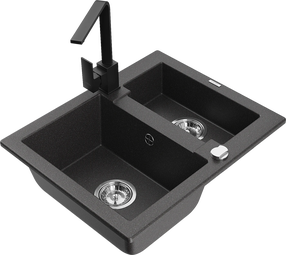 Virtuvinė plautuvė Mexen Carlos 6518581500-76+670300-70, granitas, 58 cm x 47 cm x 17.7 cm, black granite+black sp.