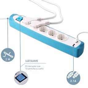Удлинитель Electraline, 3 x 1 mm², 2 м, 5 розеток, с выключателем, белый цв./голубой цв.