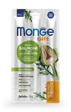Skanėstas katėms Monge Gift Soft Sticks Hairball, lašiša/artišokas, 0.015 kg, 3 vnt.