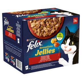 Šlapias kačių maistas Felix Sensations Jellies Adult, ėriena/jautiena/vištiena, 0.085 kg x 24 vnt.