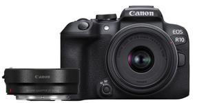 Sistēmas fotoaparāts Canon EOS R10 + RF-S 18-45mm F4.5-6.3 IS STM + Mount Adapter EF-EOS R, melna krās.