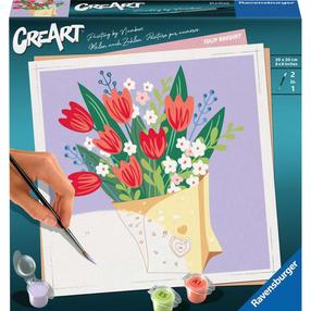 Glezna pēc numuriem Ravensburger CreArt Tulip Bouquet, sarkana krās./zaļa krās./violeta krās., 20 x 20 cm